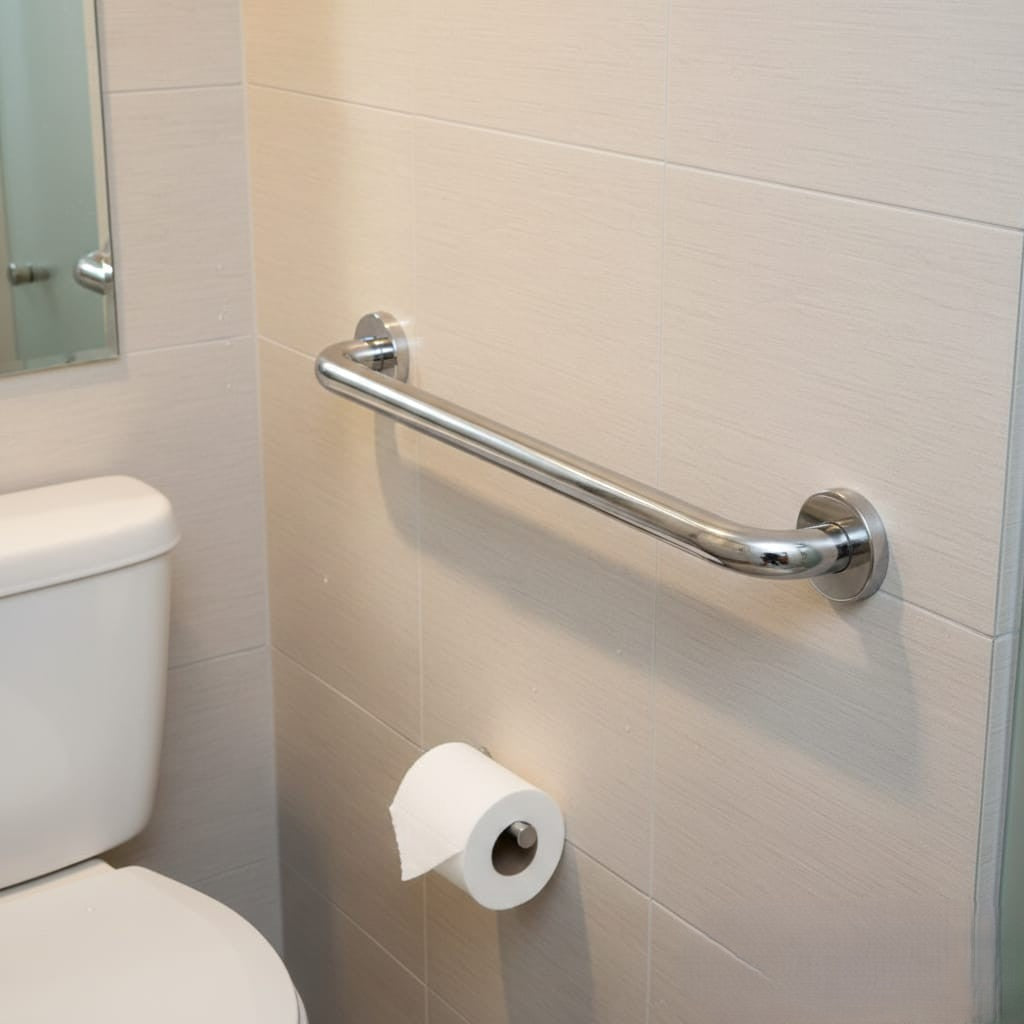 Straight bathroom safety grab bar in polished chrome silver stainless steel, MHT PAK.