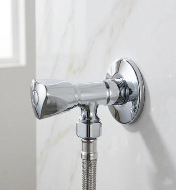 Polished Chrome / Silver: Premium brass T-cock angle valve in polished chrome silver finish, washroom shut-off valve, MHT PAK.